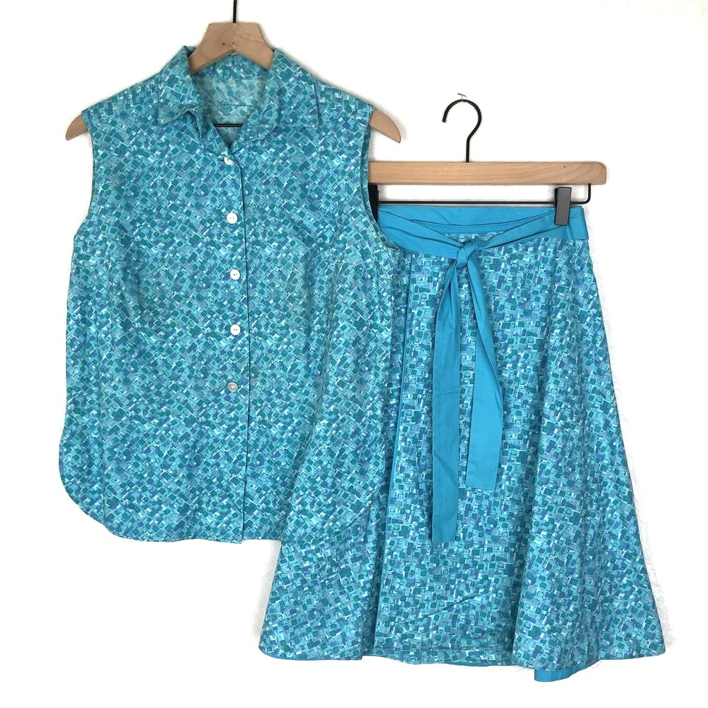 VTG Handmade 2-Piece Set‎ Wrap Skirt & Button Top Sz M/L Blue Cotton Abstract
